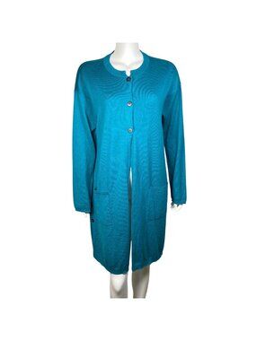J.Jill Button Up Duster Cardigan Sweater Size L Split Hem Long Sleeves Teal